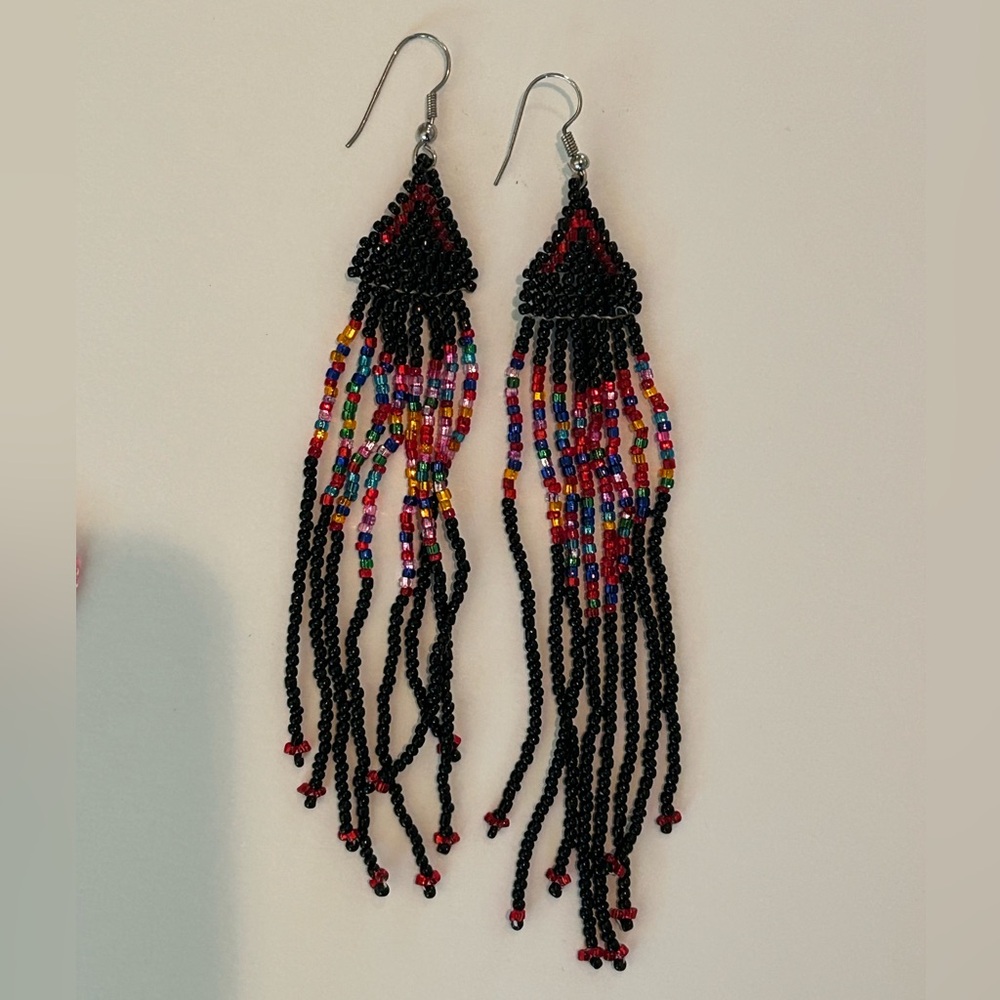 Handmade Pride Rainbow Seed Bead Fringe Earrings Black dangle boho festival